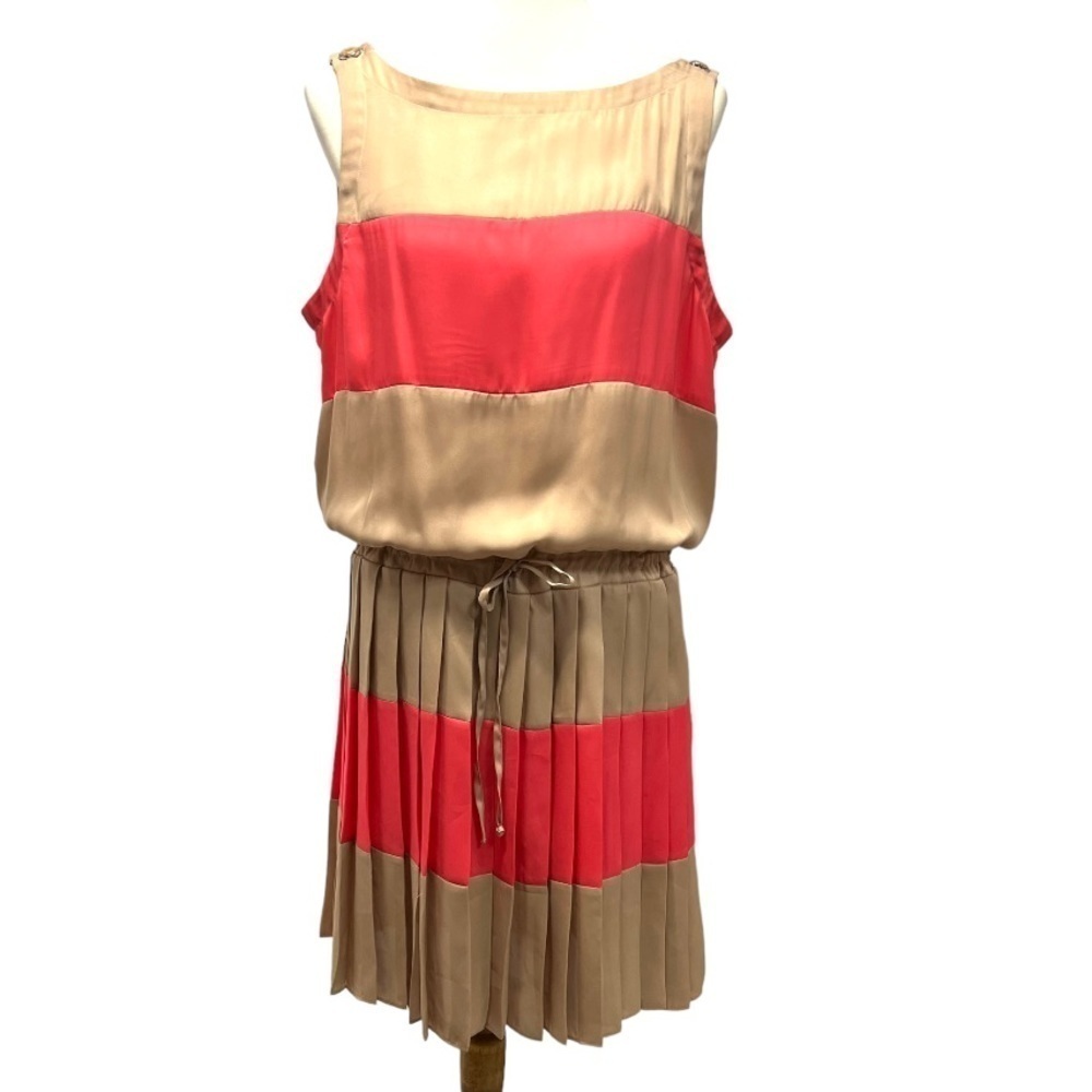 Cache Tan & Pink Color-Block Sleeveless Silky Pleat Skirt Dress Women’s XL